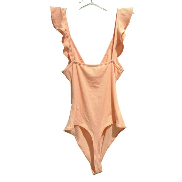Le Lis Ruffled Ribbed Thong Apricot Bodysuit Ruched Tie Key Hole Front Sz M - Picture 3 of 7